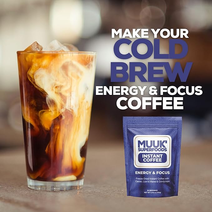 MUUK' SUPERFOODS | Energy & Focus Mushroom Coffee | Organic Freeze-Dried Instant Coffee with Cacao, Cordyceps & Lion’s Mane Mushroom Powder | 4.7oz (135g) 30 Servings