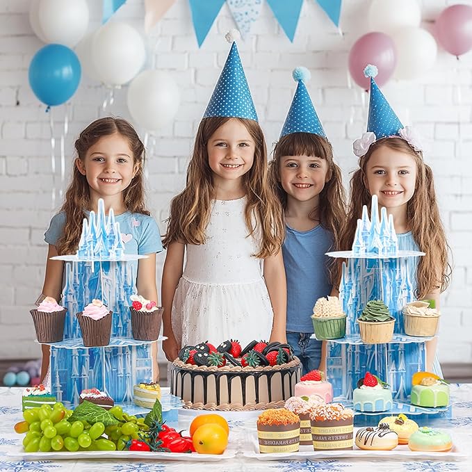 2 Pack Frozen Birthday Party Decorations Frozen Cupcake Stand 3 Tier Snowflake Cupcake Holder Winter Wonderland Decorations for Girls Kids Birthday Princess Party Holiday New Year Christmas Supplies