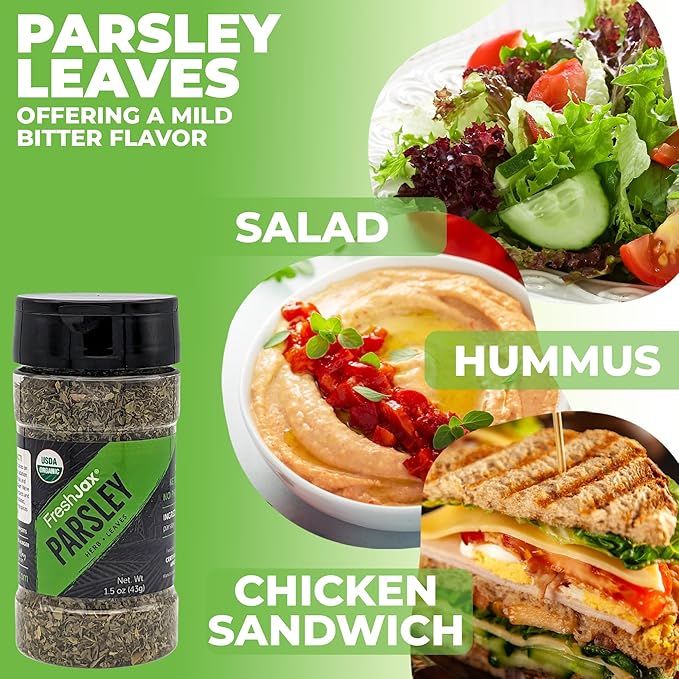 FreshJax Organic Parsley Leaves ??1.5 oz Bottle, Certified Organic & Kosher, Non-GMO, Gluten-Free, Keto, Paleo, No Preservatives ??Dried Parsley Herb for Cooking, Garnish & Seasoning