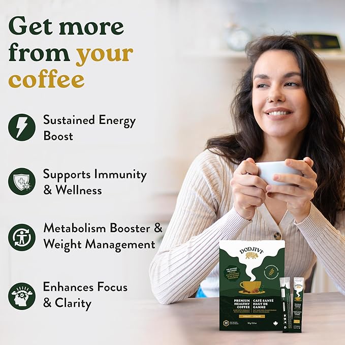 Dodjivi Organic Reishi Mushroom Coffee, Sustained Energy & Focus, Instant Coffee, Arabica with Adaptogenic Herbs, Sugar-Free, Vegan, Keto-Friendly, Low-Acid, Smooth Taste, 30 Sticks Bag