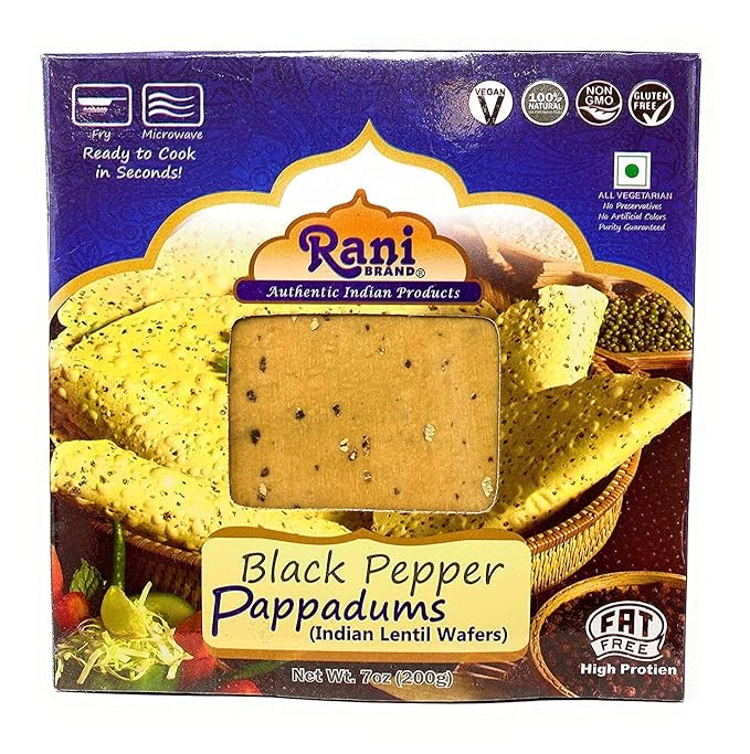 Rani Pappadums (Indian Lentil Wafer Snack) Black Pepper Papad 7oz (200g) Approximately 15pc, 7 inches, Pack of 2 ~ All Natural | Gluten Friendly | NON-GMO | Vegan | Indian Origin