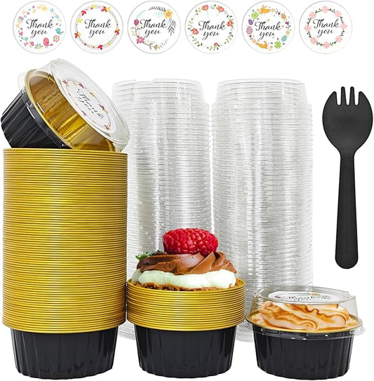 100 PCS Mini Cake Pans with Lids and 100 PCS Spoons,Aluminium Foil Baking Cups, 5 oz Disposable Baking Cups Foil Ramekins For Party Birthday Wedding Valentines (Black)