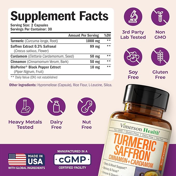 Saffron Supplements - 89mg Saffron Extract Turmeric Supplement with Black Pepper, Ceylon Cinnamon and Cardamom for Mood & Memory, Eye Health - Joint Supplements for Women & Men - 120 Capsules - 2 Pack