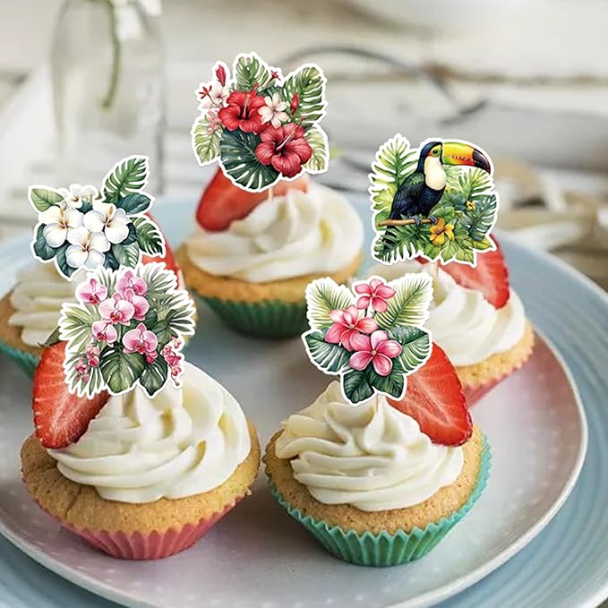 Rsstarxi 36 Pack Hawaiian Luau Flower Cupcake Toppers Hawaii Tropical Bird Cupcake Picks for Summer Bridal Engagement Baby Shower Birthday Hawaiian Luau Party Decorations Supplies