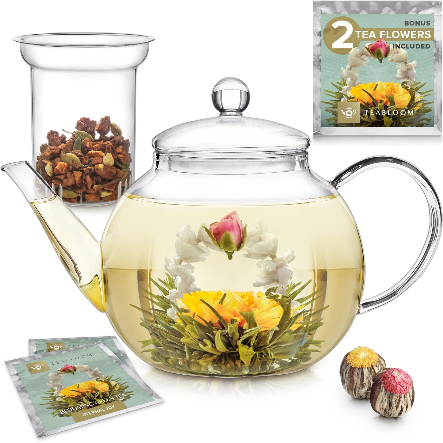 Teabloom Stovetop & Microwave Safe Glass Teapot with Removable Loose Tea Glass Infuser – Includes 2