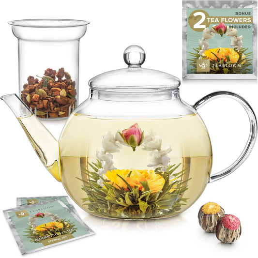 Teabloom Stovetop & Microwave Safe Glass Teapot with Removable Loose Tea Glass Infuser – Includes 2