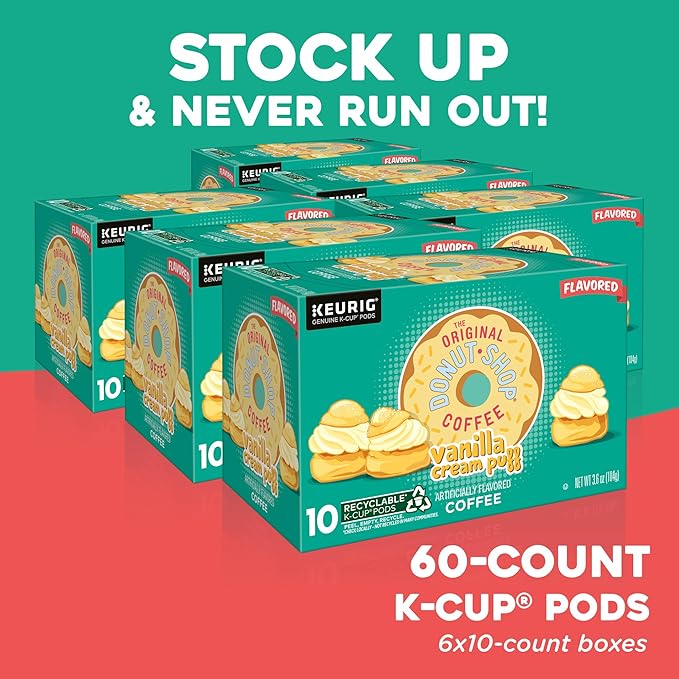The Original Donut Shop Vanilla Cream Puff Coffee, Keurig Single Serve K-Cup Pods, Medium Roast Coffee, 60 Count, (6 Packs of 10)