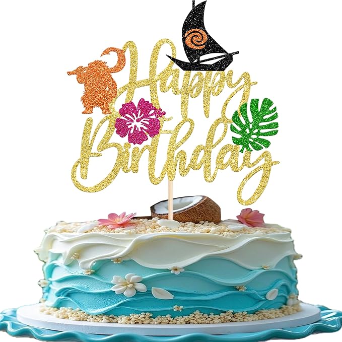 1 Pack Moana Cake Toppers Glitter Palm Leaf Moana Cake Picks The Sea is Calling Hawaiian Tropical Cupcake Decorations for Luau Summer Baby Shower Birthday Party Supplies Gold