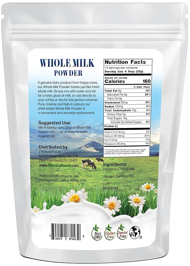Z Natural Foods Premium Whole Milk Powder - Powdered Milk for Baking, Cooking, Drinks - Dry Milk Powder, Pasteurized, Non-GMO, Gluten-Free, Kosher-Certified, 1 lb
