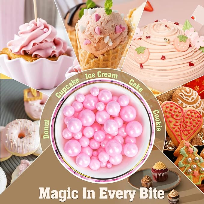 Twisweet Pink Pearl Sprinkles for Cake Decorating, Edible Sugar Pearls for Baking, Mix Size, Cake Topper Cupcake Cookie Ice Cream Dessert Decorations, Baby Shower Wedding Birthday Valentine Supplies (130g/4.58oz)