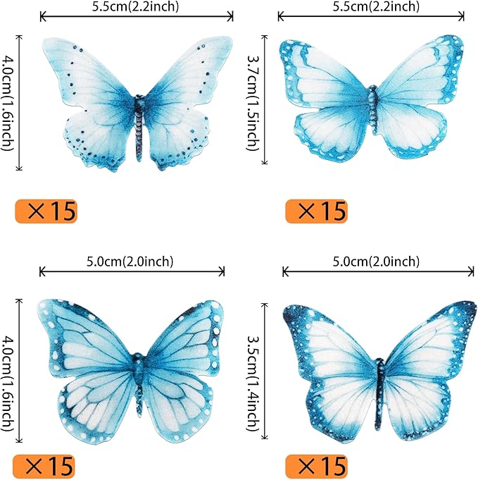 Rsstarxi 60 Pack Wafer Paper Butterflies Cupcake Toppers, Edible Butterfly Cake Decorations Butterfly Decorations for Wedding Birthday Anniversary Baby Shower Party Decorating Supplies Blue
