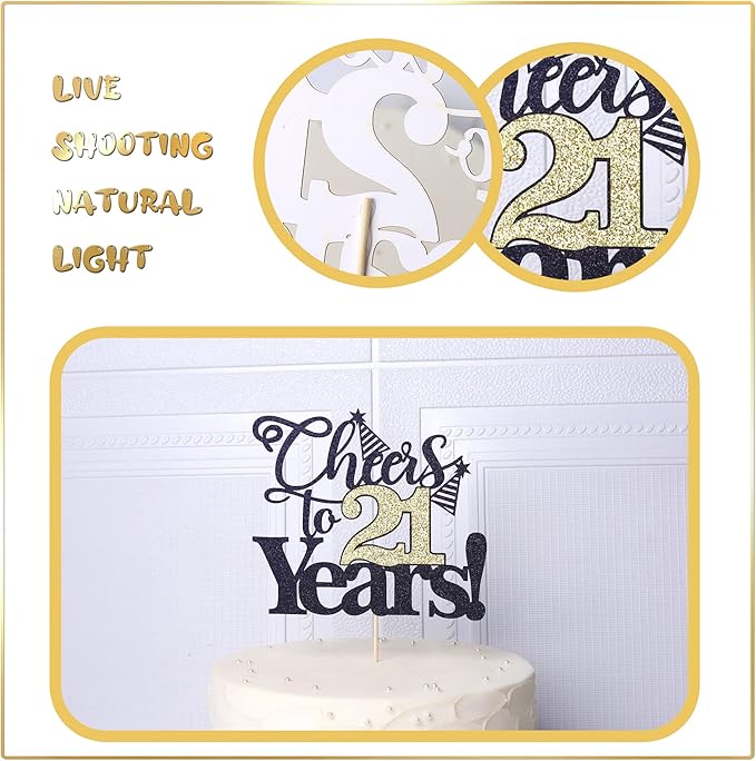 Rsstarxi 1 Pack Cheers to 21 Years Cake Topper Glitter Twenty One Years Old 21st Birthday Cake Pick 21 Fabulous Cake Decorations for Happy 21st Birthday Wedding Anniversary Party Supplies Black