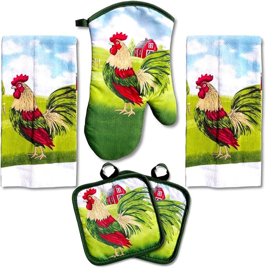 Lobyn Value Packs: 5-Piece Country Kitchen Towel Set ??Proud Rooster & Red Barn Motif, 2 Lightweight Terry Cloth Dish Towels Quilted Oven Mitt & 2 Potholders