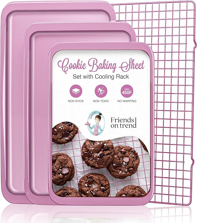 3 Pink Baking Sheet set with Cooling Rack Baking Sheet Pans Set, Pink Cookie Sheets for Baking Nonstick with Wire Rack Set of 3 Pink Baking Sheets for Oven, Half/Quarter/Jelly Roll Pan
