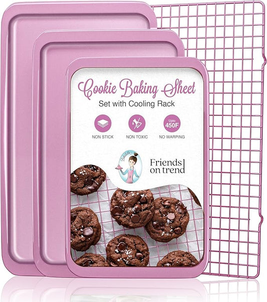 3 Pink Baking Sheet set with Cooling Rack Baking Sheet Pans Set, Pink Cookie Sheets for Baking Nonstick with Wire Rack Set of 3 Pink Baking Sheets for Oven, Half/Quarter/Jelly Roll Pan