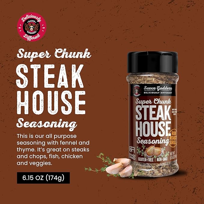 Sauce Goddess - Super Chunk Steakhouse Spice Shaker - Steak Seasoning, BBQ Rub for Chops, Chicken & Veggies, Gluten-Free, Vegan, No Sugar - 6.15 oz