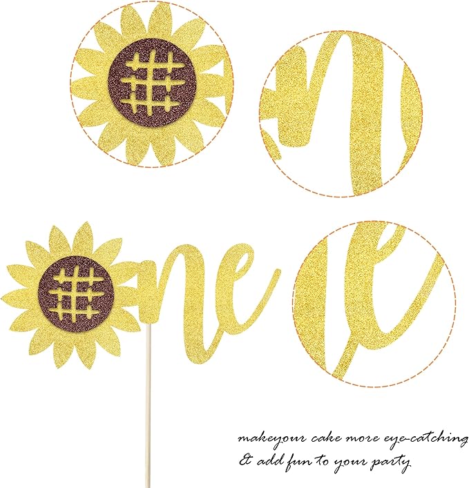 1-Pack Happy Birthday Cake Topper - Glitter Sunflower, First Birthday, Baby Shower, Summer Cake Decoration