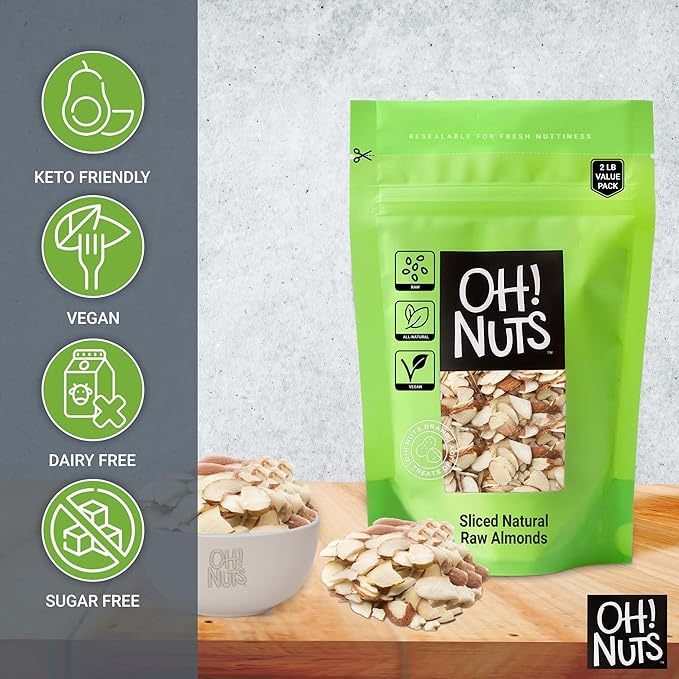 Oh! Nuts Almonds Natural Sliced - Raw - 100% Natural - 2 lb - High-Protein Almond Slices - Packed in New York Zip-Seal Bag for Exceptional Freshness