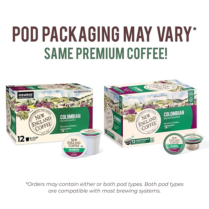 New England Coffee Colombian Decaffeinated Medium Roast Single Serve Pods, 12ct Box (Pack of 6)