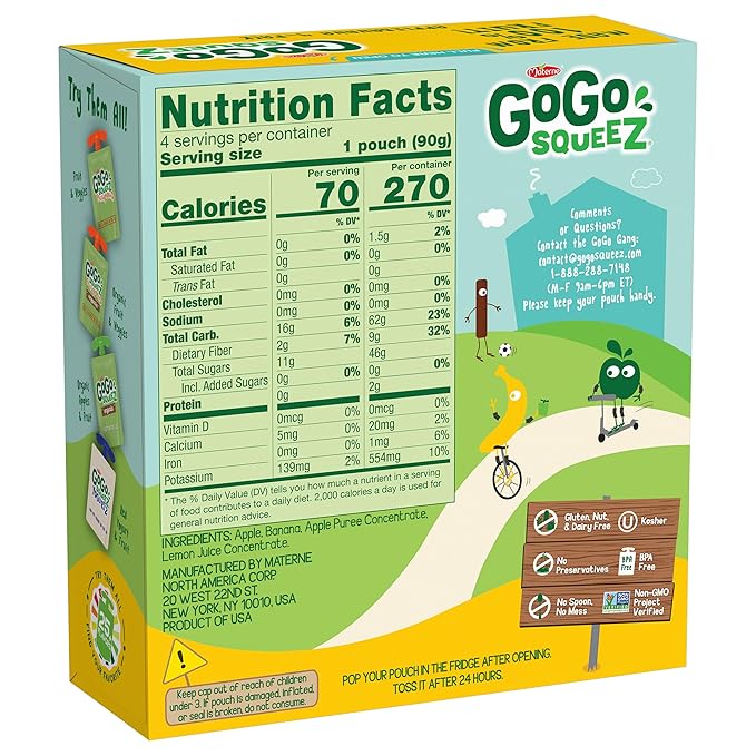 GoGo squeeZ Applesauce and Fruit Puree, Apple Banana, 3.2 oz (Pack of 48), Unsweetened Fruit Snacks for Kids, Gluten Free, Nut Free and Dairy Free, Recloseable Cap, BPA Free Pouches