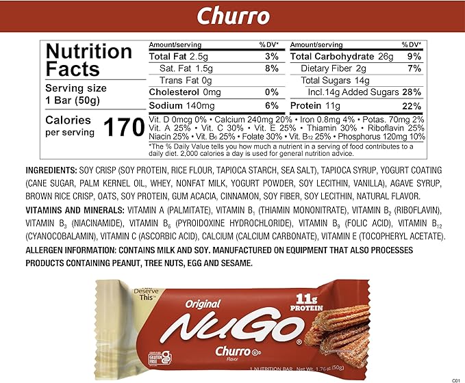 NuGo Protein Bar, NEW! Dulce De Leche 15 bars & Churro 15 bars, 11-15g Protein, Gluten Free, 30 Count