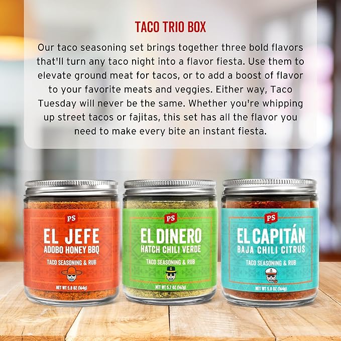 PS Seasoning Taco Box ??El Jefe, El Dinero, El Capitan - Complete Taco Tuesday Seasoning Kit & BBQ Dry Rub Variety Pack - Unique Mexican Seasoning Spice Blends for Tortillas, Fajitas, Burritos & more