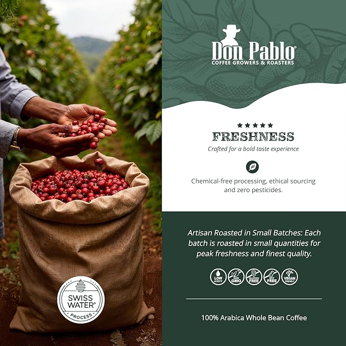 Don Pablo Colombian Decaf - Limited Edition Dark Roast Gourmet Coffee, Swiss Water Process Decaf, 100% Arabica Whole Bean, Non-GMO, Low Acidity, 2 Pound (2 lb) Bag