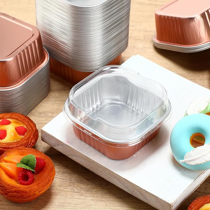 Aoriher 150 Pieces 10 oz Mini Cake Pans with Lids Aluminum Foil Baking Cups Square Disposable 4" x 4" Large Cupcake Cups Baking Tins for Kitchen Brownie Pudding Desserts Holders(Champagne)