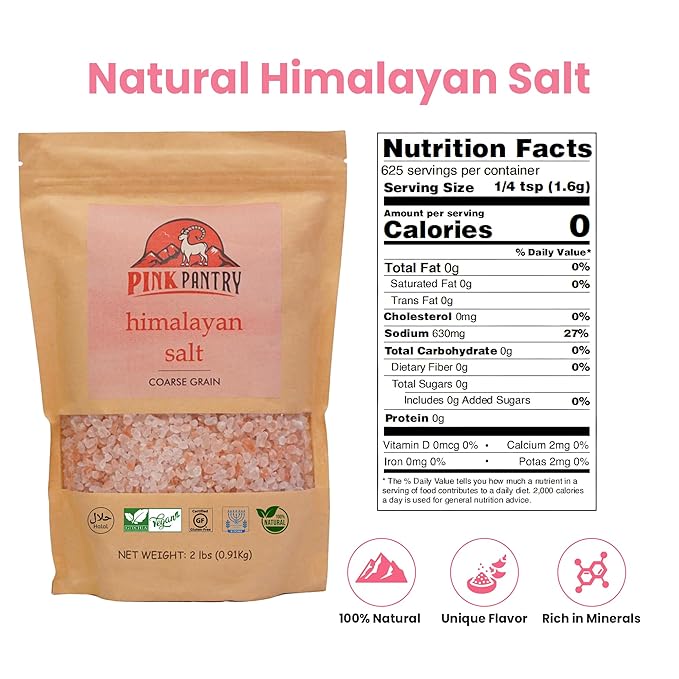 Pink Pantry Himalayan Pink Salt, 100% Pure Himalayan Salt, Non-GMO, Kosher Certified, No Additives, Ideal for Cooking, Seasoning & Gourmet Dishes, Rich in Trace Minerals, 2lb Pouch, Coarse Grain