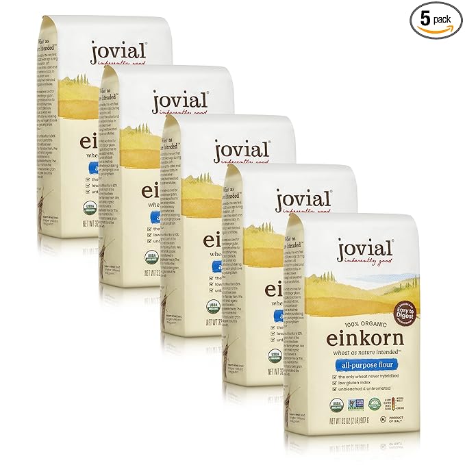 Jovial Organic Einkorn Unbleached All Purpose Flour - Bread Baking Flour for Sourdough, High Protein, Non-GMO, Organic Pizza & Pasta Flour, European Italian Flour, Glyphosate Free - 32 Oz, 5 Pack