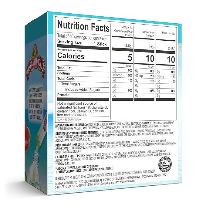 Margaritaville Singles to Go Water Drink Mix, Variety Pack, Includes 4 Flavors: Caribbean Fruit Punch, Pina Colada, Strawberry Daiquiri, And Margarita,1 Box (40 Single Servings)