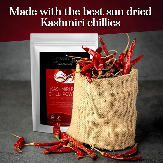 SpiceFix - Kashmiri Red Chilli Powder, Mild to Medium Heat Sun-Dried Indian Red Chili Powder, Natural Ground Vegan Kashmiri Spice in a Resealable Bag, 7 Ounces