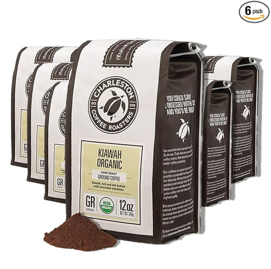 Charleston Coffee Roasters | Specialty Organic Ground Coffee | Hand Picked, Premium Slow Roast (Kiawah, Dark Roast) 12oz, 6 pack