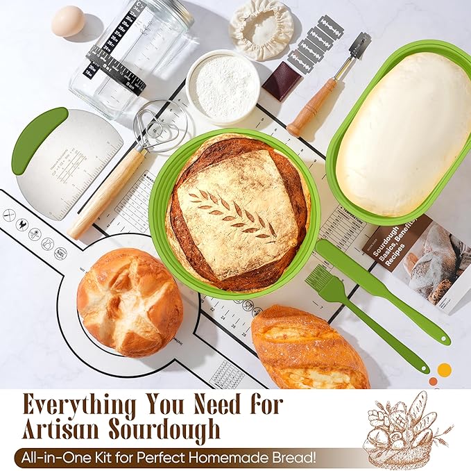 Sourdough Starter Kit with Jar ??Complete Sourdough Bread Baking Supplies for Beginners, Includes 2 Silicone Proofing Baskets Baking Mat Sour Dough Kit - Green