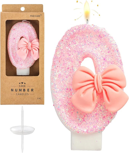 PHD CAKE Number 0 Pink Bowknot Birthday Candles, Cute Themed Number Candles, Party Celebration
