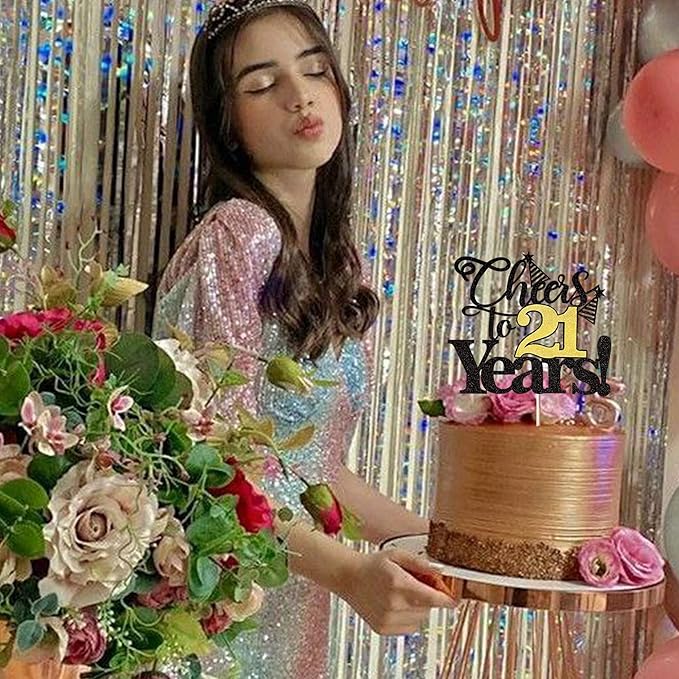 Rsstarxi 1 Pack Cheers to 21 Years Cake Topper Glitter Twenty One Years Old 21st Birthday Cake Pick 21 Fabulous Cake Decorations for Happy 21st Birthday Wedding Anniversary Party Supplies Black