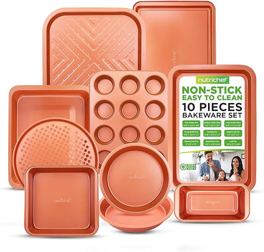 NutriChef 10-Piece Kitchen Oven Baking Pans - Deluxe Carbon Steel Bakeware Set with Stylish Non-stick Gray Coating Inside and Out, Dishwasher Safe & PFOA, PFOS, PTFE Free