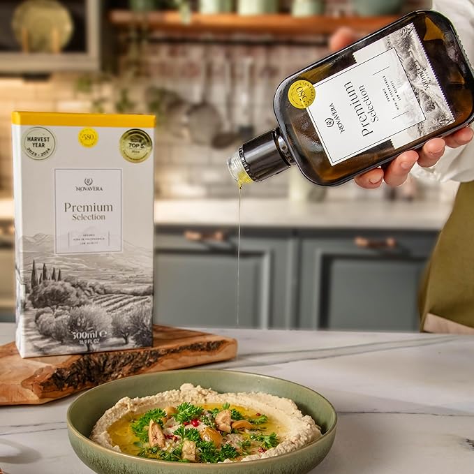 NVG NOVAVERA Premium High Polyphenol Rich Olive Oil(Up to 750 MG/KG), USDA Organic Drinking Extra Virgin Olive Oil, Evoo World Ranking Top 1, Low Acidity, Early Harvest, Cold Pressed, 16.9 oz