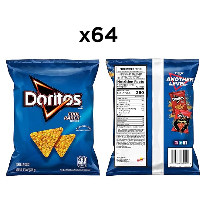 Doritos Flavored Tortilla Chips, Cool Ranch, 1.75 Ounce (Pack of 64)