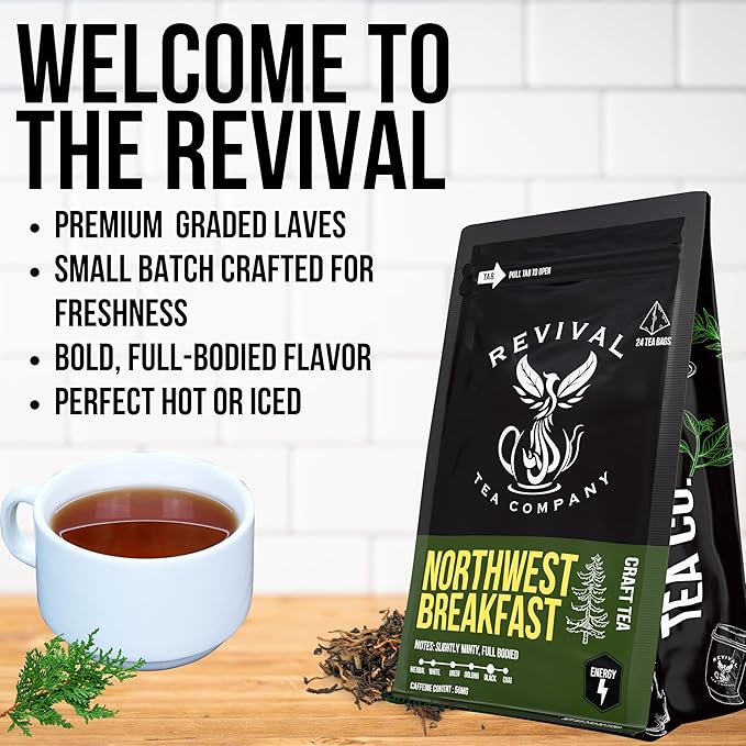 Revival Tea Company Northwest Breakfast Tea - Black Tea Blend with Western Cedar Tips, Assam, Ceylon, and Chinese Black Tea - 24 Tea Bags