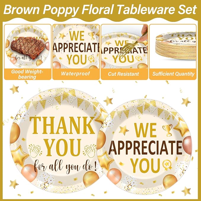 96Pcs We Appreciate You Party Plates and Napkins Employee Staff Appreciation Plates Thank You Theme Party Disposable Thankful Tableware Set for 24 Guests Staff Teacher Doctor Pastor Favors Supplies
