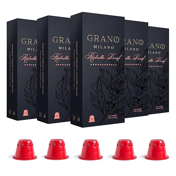 Grano Milano Ristretto Decaf - 50 Espresso Pods Compatible with Nespresso Original line, Medium Roast - Intensity 10/12, Coffee Capsules Made in Italy Espresso Coffee