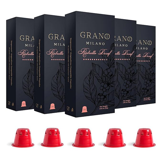 Grano Milano Ristretto Decaf - 50 Espresso Pods Compatible with Nespresso Original line, Medium Roast - Intensity 10/12, Coffee Capsules Made in Italy Espresso Coffee