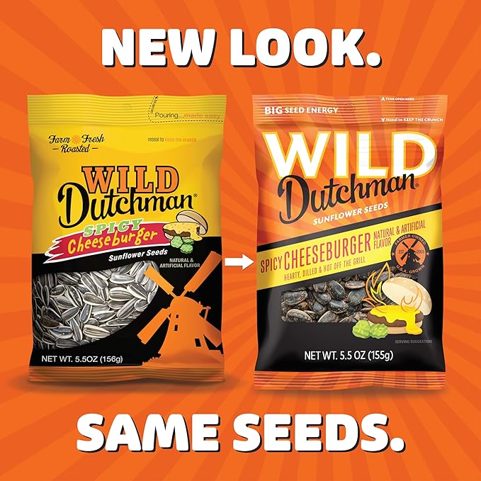 Wild Dutchman, Roasted Sunflower Seeds, Mouth Friendly Recipe for All Day Snacking, Spicy Cheeseburger, 5.5 oz (Pack of 12)
