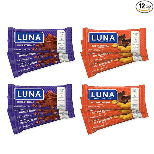 Luna Bar - Variety Pack - Nutz Over Chocolate and Chocolate Cupcake Flavor - Gluten Free Snack Bars - Non-GMO - Protein Bars - Made with Organic Oats (12 Pack)