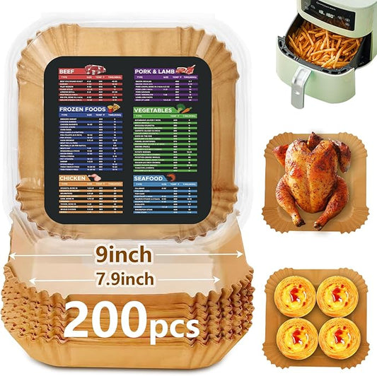 200PCS Air Fryer Liners Disposable: Square 7.9 Inch Non-Stick Airfryer Paper Liners - Food Grade