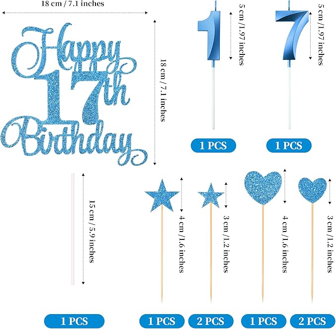 17th Birthday Cake Decorations, 17th Birthday Candles Cake Numeral Candles and Glitter Happy 17th Birthday Cake Toppers Set for Birthday Party Supplies (Blue)