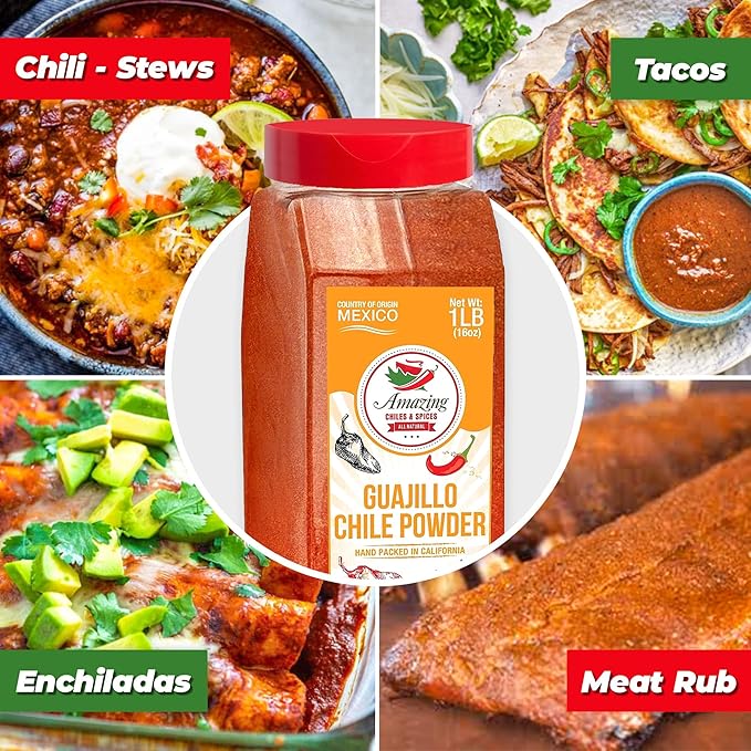 Guajillo Chile Powder Ground 1LB (16oz) – Natural and Premium. Great For Chili, Sauces, Stews, Salsa, Meat Rubs, Enchiladas, Mole and Tamales. Tangy Spicy-Sweet Flavor By Amazing Chiles & Spices