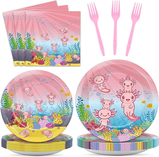 96pcs Pink Axolotl Plates and Napkins Party Supplies Reptile Animals Tableware Set Girl Axolotl Party Decorations Favors for Pink Axolotl Birthday Baby Shower Serves 24 Guests