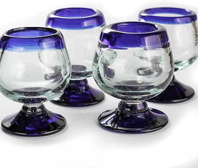 Authentic Mexican Tequila Hand Blown Shot Glasses - Set of 4-2 oz - Mini Glass Snifters - Heavy Base - Cognac (Cobalt Blue Rim)